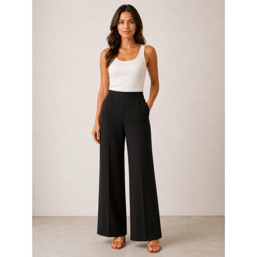 Black Halo Wide Leg Pants Quiet Luxury Black High Rise Stretch Career Size 8